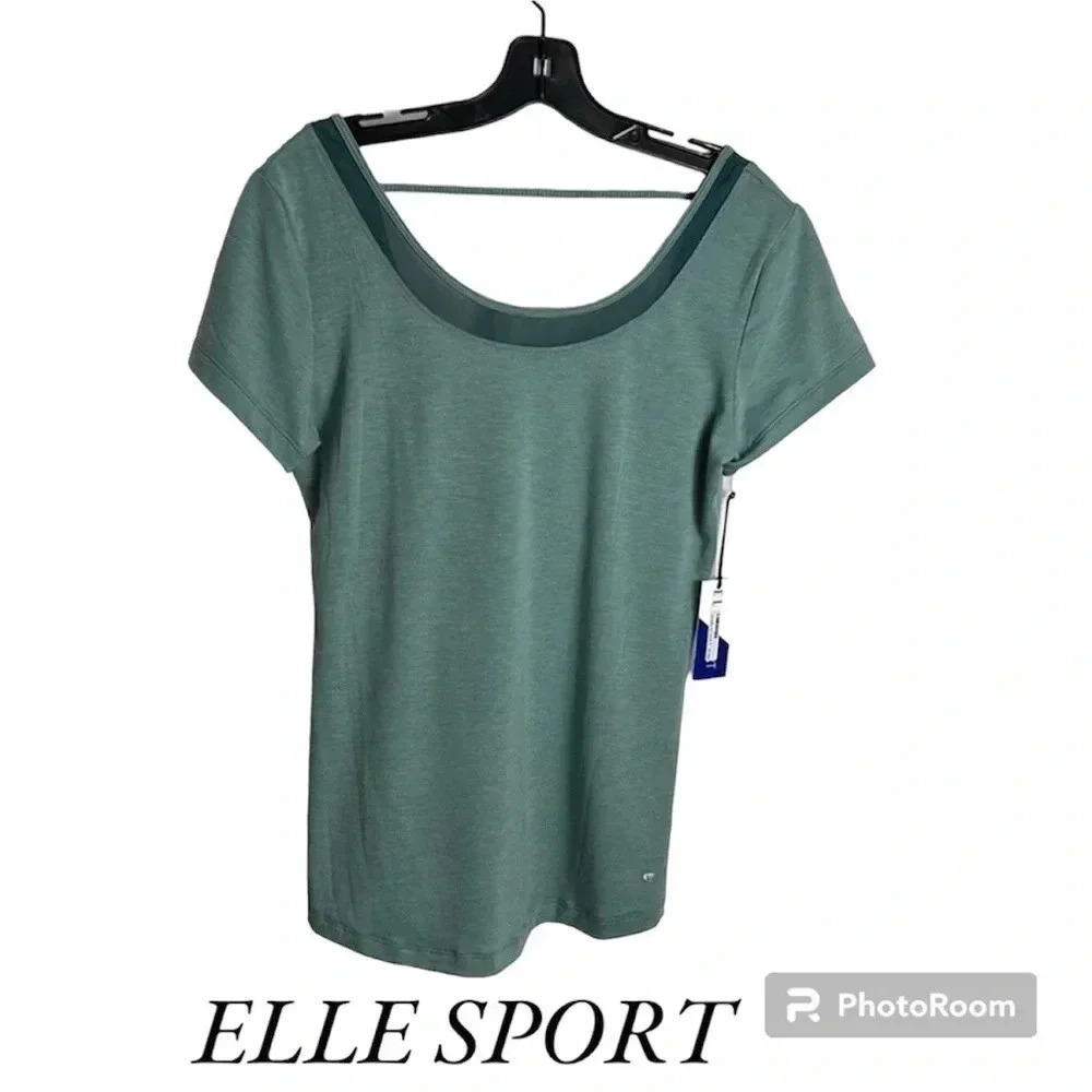 ELLE SPORT green workout t shirt with scoop mesh ,lower back & ELLE logo,France